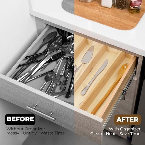 Utensils Organizer Rubberwood, Expandable Silverware Drawer Organizer