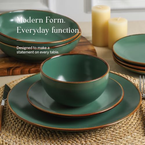 Stone Lain Brasa Stoneware 32 Piece Modern Dinnerware Sets, Plates and Bowls, Service for 8, Green, Microwave & Dishwasher Safe