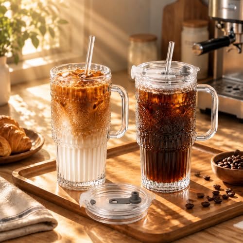 Small Capacity Thick Romantic Glass Cups with Lids and Straws, Vintage