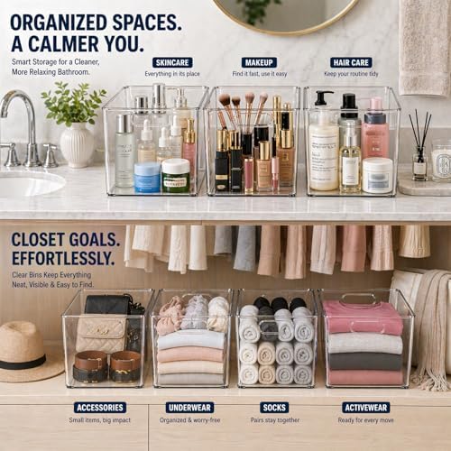 MOONEDGE 4 Pack Clear Plastic Storage Bins, 11x8x6in