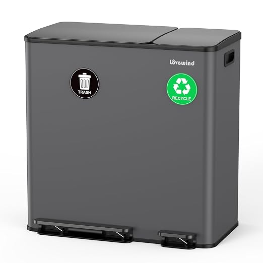 Dual Trash and Recycling Bins for Kitchen, 13.2 + 5.2 Gal Stainless Steel Trash by LOVEWIND