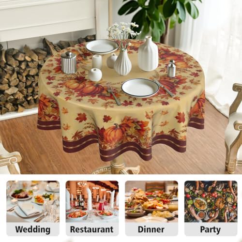 Sweetshow Fall Round Tablecloth 60 Inch, Autumn Thanksgiving Table