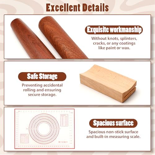 4 Pcs Sapele Wood French Rolling Pin Set Tapered and Mini Wooden