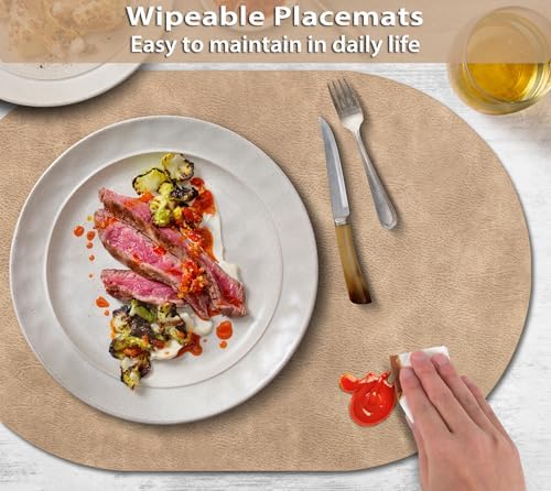 ADRIMER Oval Placemats Set of 4, Wipeable Faux Leather, Apricot