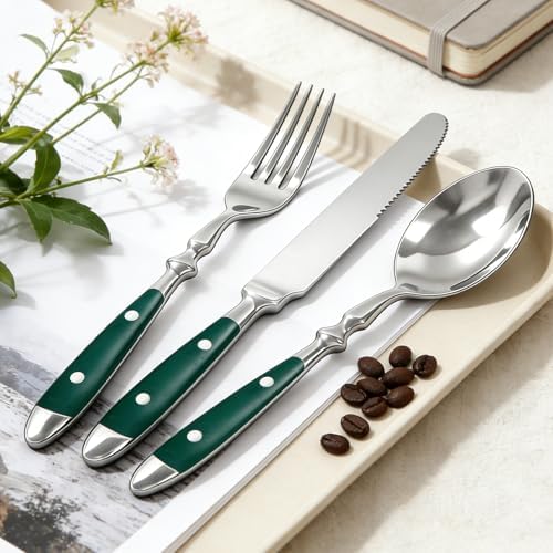 Vintage Silverware Set Service for 4, Flatware Set with Green Bakelite