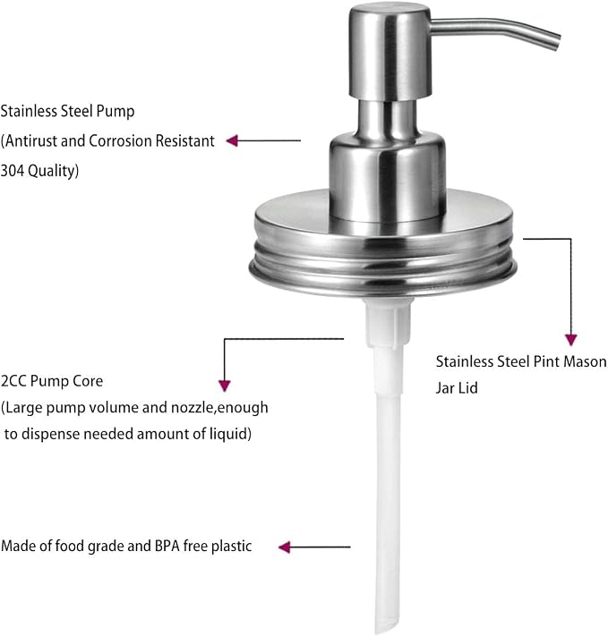 Amolliar Mason Jar Liquid Soap Dispenser Lid, Stainless Steel Pump - Image 4