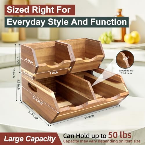 Acacia Wood Pantry Storage Bins, Stackable 3-piece set