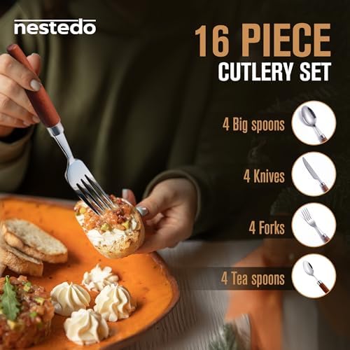 16-Piece Wood Handle Flatware Set, Stainless Steel, Service for 4