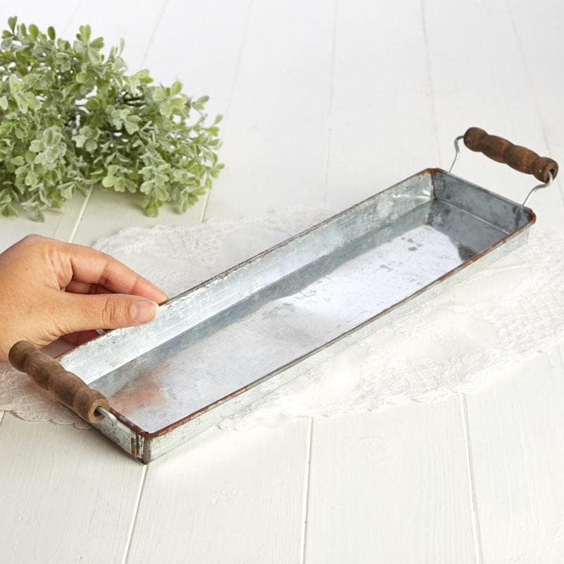 Set of 2 Rustic Galvanized Metal Long Serving Trays with Handles for