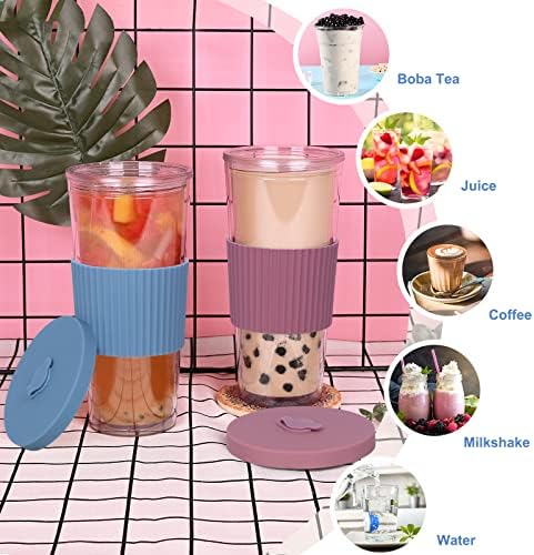 2 Pack Reusable Boba Tea Cups, 24oz Iced Coffee Cup with Straw and