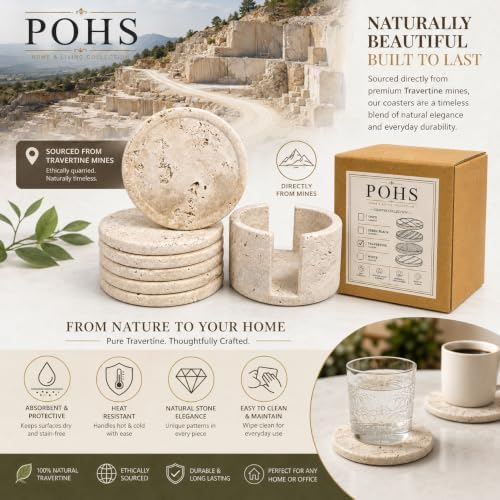 POHS Travertine Coasters Set of 6 with Holder – 3.75" Round Natural