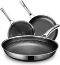 SNOWCLAD 3 Piece Hybrid Nonstick Pans Set, 8+10+12 Inch Nonstick Frying Pans Set, Stainless Steel Skillet, Dishwasher, Induction, Oven & Broiler Safe, PFOA Free Kitchen Cookware Set