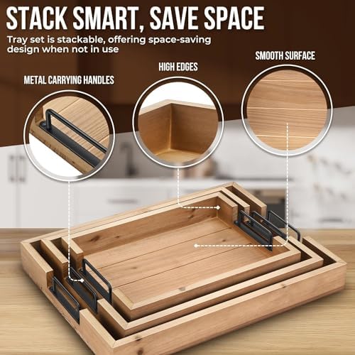 Flexzion Rustic Wooden Serving Trays Set of 3 with Handles, Stackable