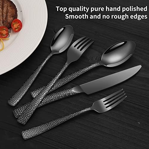 20-Piece Black Silverware Set, Stainless Steel Hammered Flatware Set