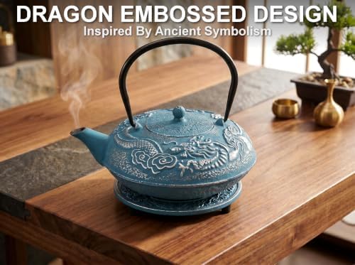 40 Oz Blue Dragon Cast Iron Teapot, Enamel Interior, Infuser & Trivet