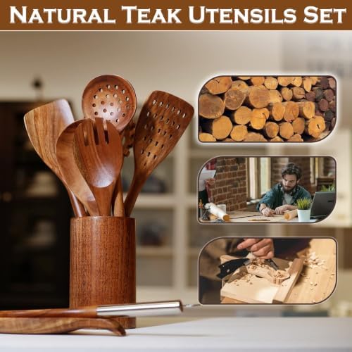 10-Piece Teak Wooden Utensil Set with Holder