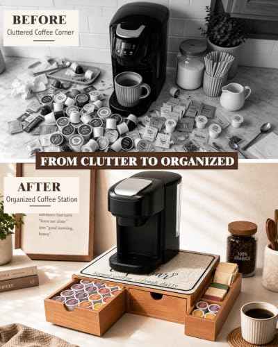 Wooden K Cup Organizer Coffee Pod Storage Box, K Cup Holder with 3 Drawer