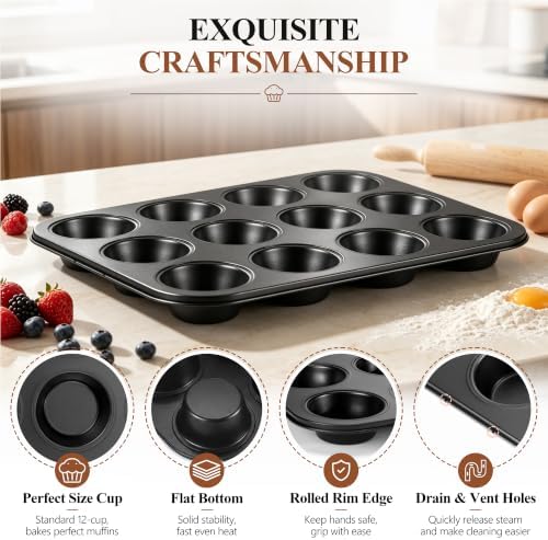 E-far 12-Cup Muffin Pan, 2 Pack Nonstick Carbon Steel Cupcake Pan Tin