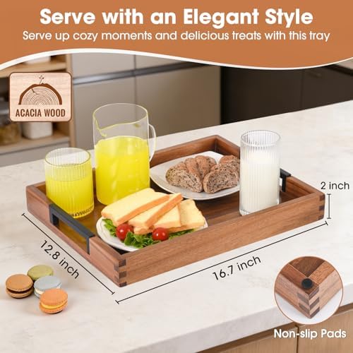 Joy&Grace Acacia Wood Serving Tray with Handles 17" x 13", Natural