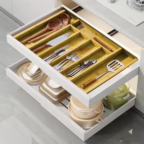 Bamboo Adjustable Drawer Organizer - Expandable Utensil Organizer for
