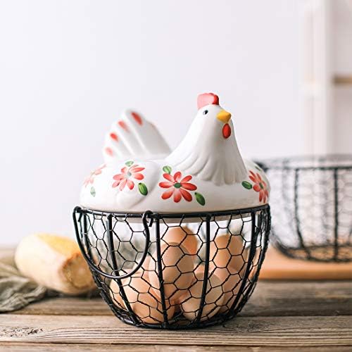 Metal Wire Egg Basket with Ceramic Chicken Cover