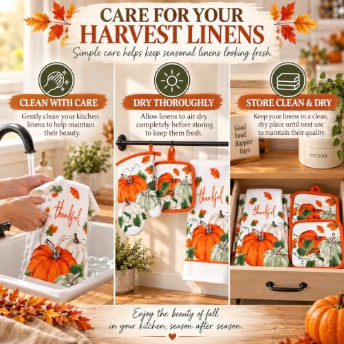 6-Piece Harvest Pumpkin Kitchen Linen Set, Orange & Sage Fall Autumn