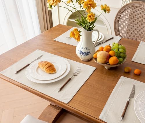 Linen Checked Placemats Set of 4, Ivory Rustic Place Mats 12x18 Inch