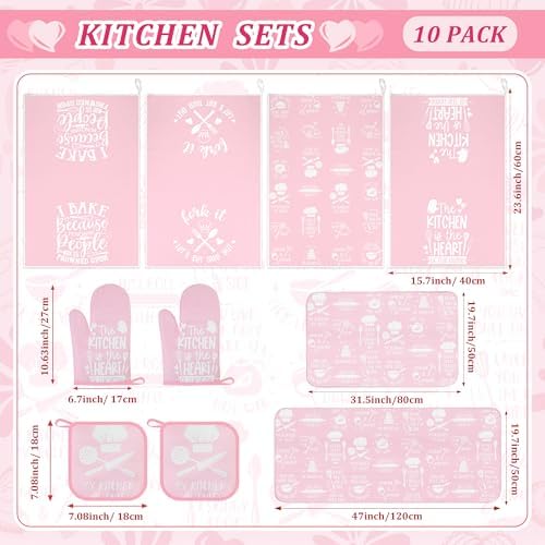 10 Pcs Pink Kitchen Dish Towels Pot Holders Oven Mitts Glove Rustic