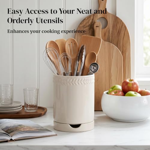 DOWAN 6.7'' Ceramic Utensil Holder with Drain Tray for Wooden Spoons