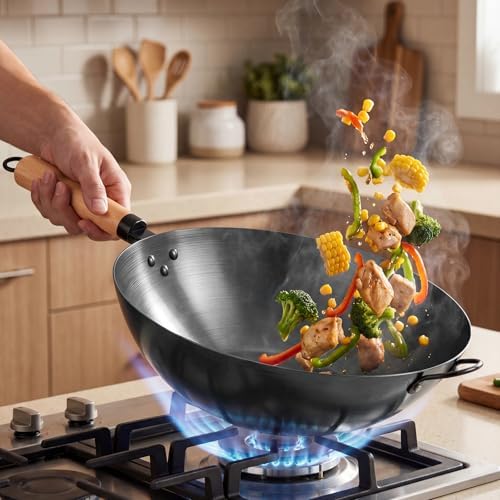 Sweetcrispy 13.5 Inch Carbon Steel Wok Pan, Pre-Seasoned Flat Bottom