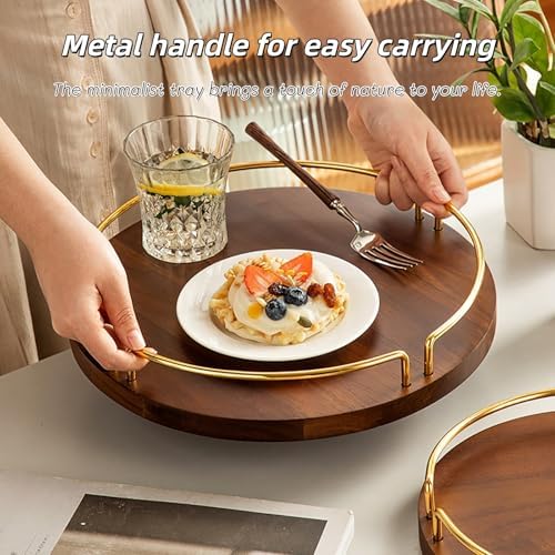 Metal and Wood Round Tray Wooden Coffee Table Tray Decor for Empty