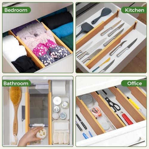 FJO 6 Pack Bamboo Drawer Dividers 4.65" High Adjustable from 17'' to