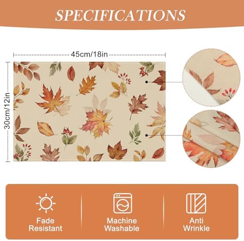 Bonhause Maple Leaves Fall Placemats Set of 4, 12x18 Inch Autumn Decor