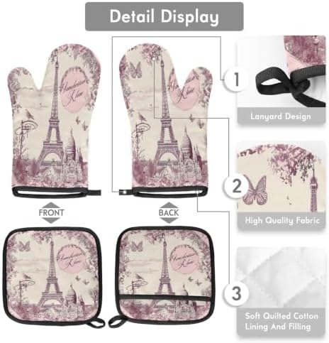 Pink Eiffel Towel Vintage Oven Mitts and Pot Holders BBQ Gloves