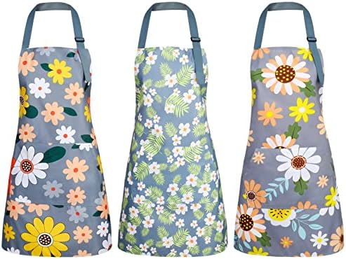 BOUMUSOE 3 Pack Floral Aprons with Pocket, Blooming Womens Aprons