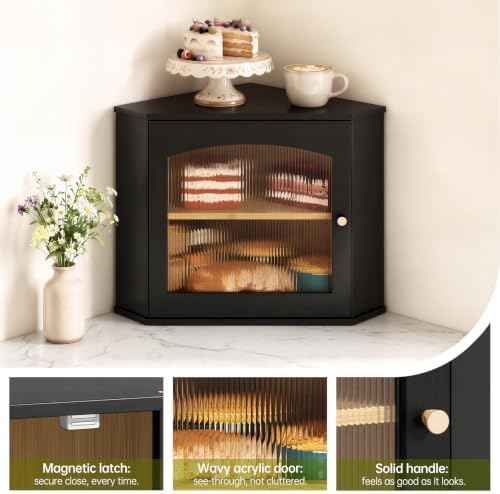 LAMU Corner Bread Box for Kitchen Countertop, Bamboo Wood Bread Storage