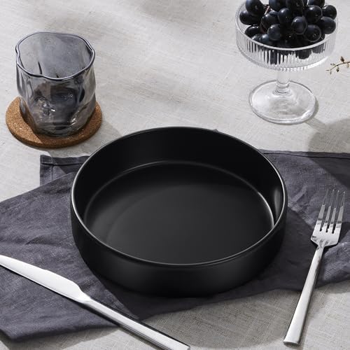 E-far Pasta Bowls Set of 4-35oz Shallow Ceramic Bowl Plates, Black