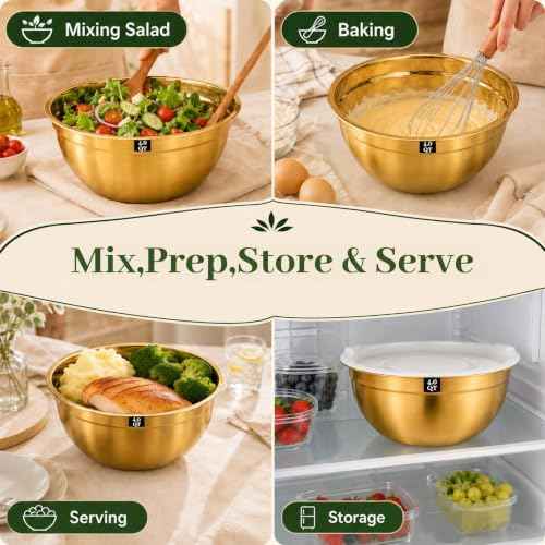 5-Piece Gold Stainless Steel Mixing Bowls with White Lids, Nesting