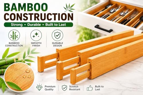 Bamboo Drawer Dividers 4 Pack, Adjustable Spring Loaded Drawer