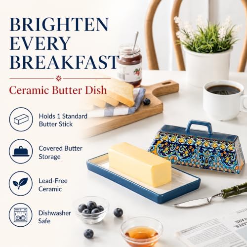 Boho Ceramic Butter Dish with Lid & Tray, Butter Keeper for Countertop