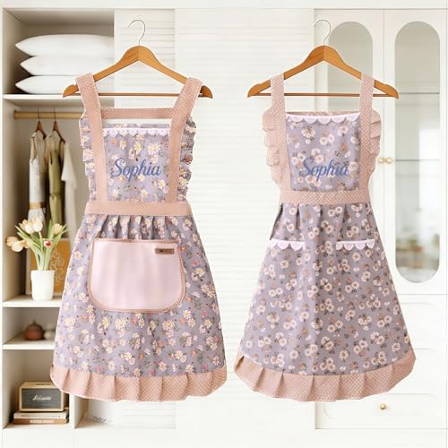 Personalized Embroidered Floral Apron for Women with Name, Vintage