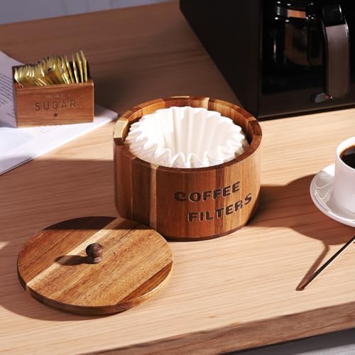Acacia Wood Coffee Filter Holder and Storage - Round Container for