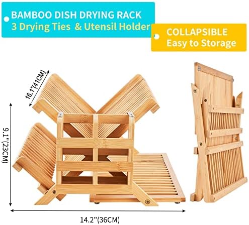Bamboo 3-Tier Dish Drying Rack with Utensil Holder