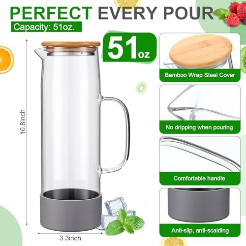 Honeydak 2 Pack Glass Water Pitcher for Daily Hydration, 51oz/1.5L