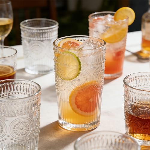 Loivttvv 12pcs Vintage Drinking Glasses Set, 12 oz Highball Glasses &