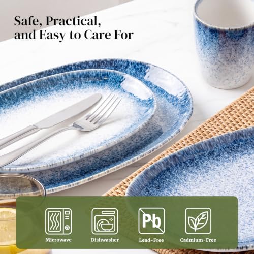DOWAN Ceramic Serving Platters Set of 3 - Oval, Blue-to-White Ombre