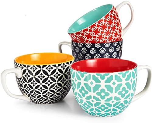 DOWAN 24 OZ Boho Mosaic Soup Mugs with Handle, Large Coffee Mugs Set