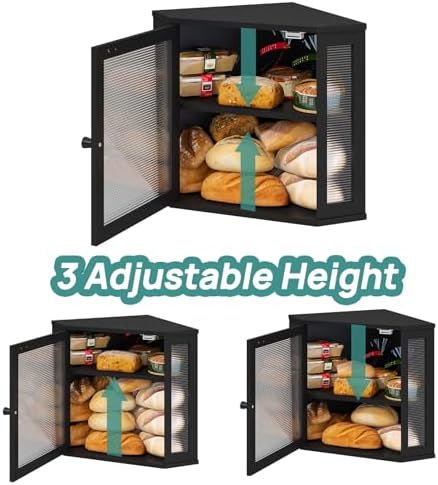 viewcare Corner Bread Box for Kitchen Counter, Bamboo Wood Black Bread Box, Large Capacity Bread Storage Bin with Acrylic Wavy Door Panel (Black, Meduim)
