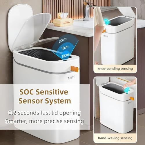 MUEE Automatic Bagging Bathroom Trash Can, 3.5 Gal, White