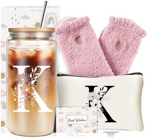 Unique Initial Glass Cup with Lids and Straws, Monogrammed Gifts Box